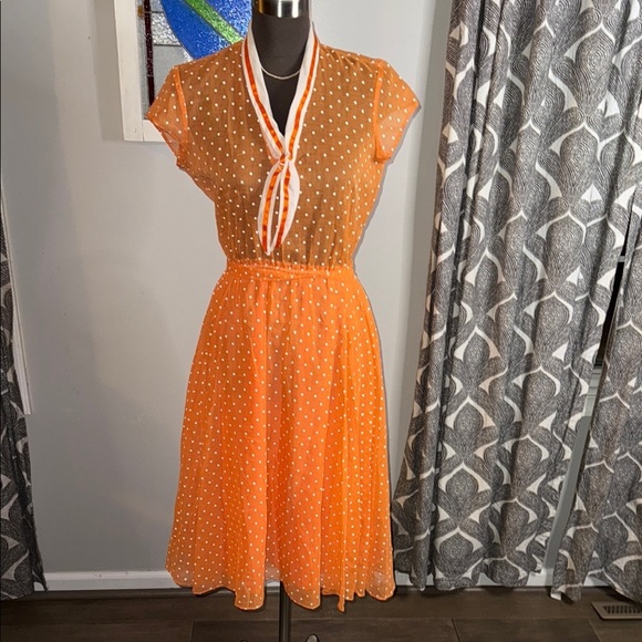 Vintage 1960”s Coco California Sheer Orange Polka Dot Dress - Picture 2 of 7
